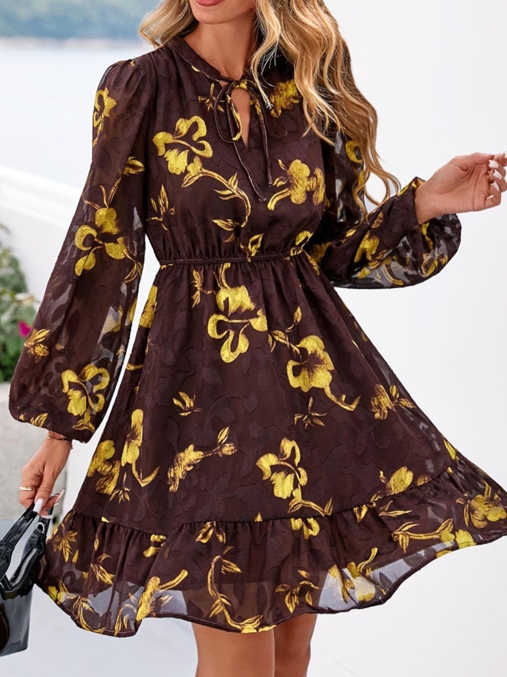 Long Sleeve Floral Tie-Neck Brown and Yellow Dress